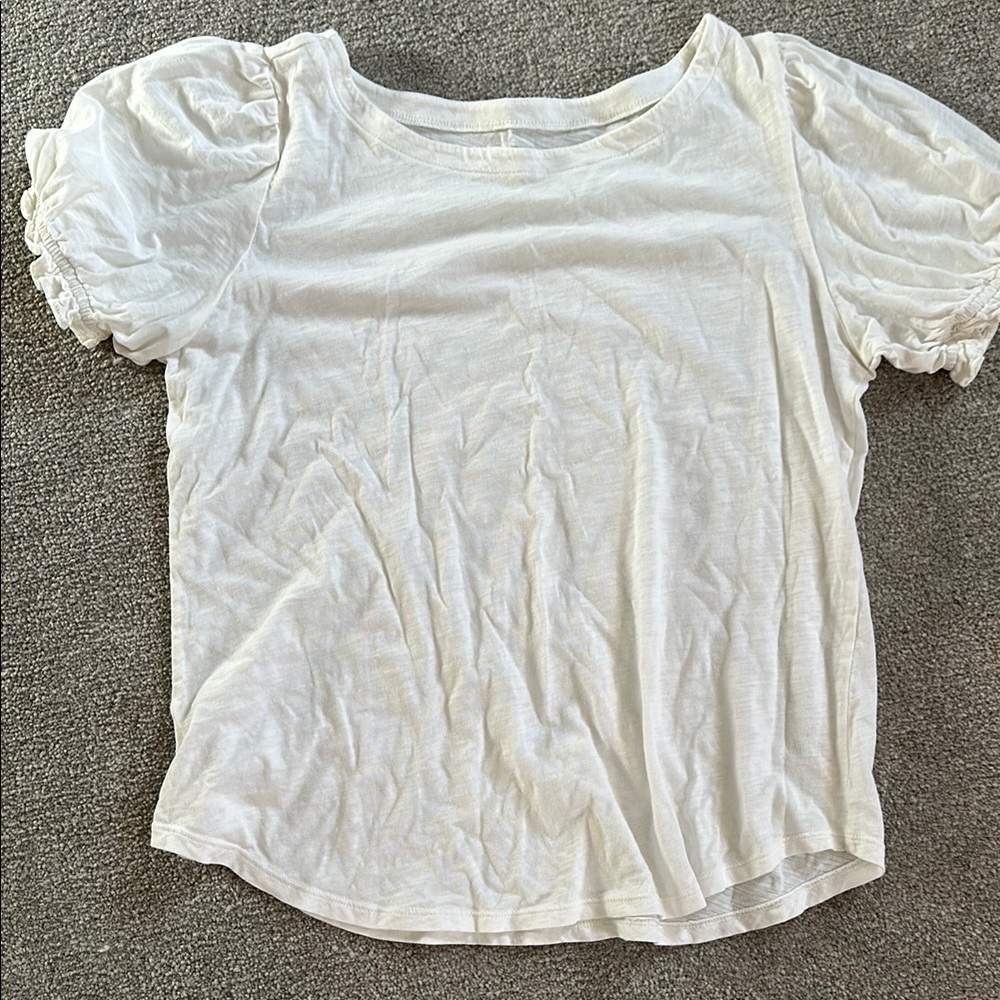 White Crew Neck Puff Sleeve Blouse